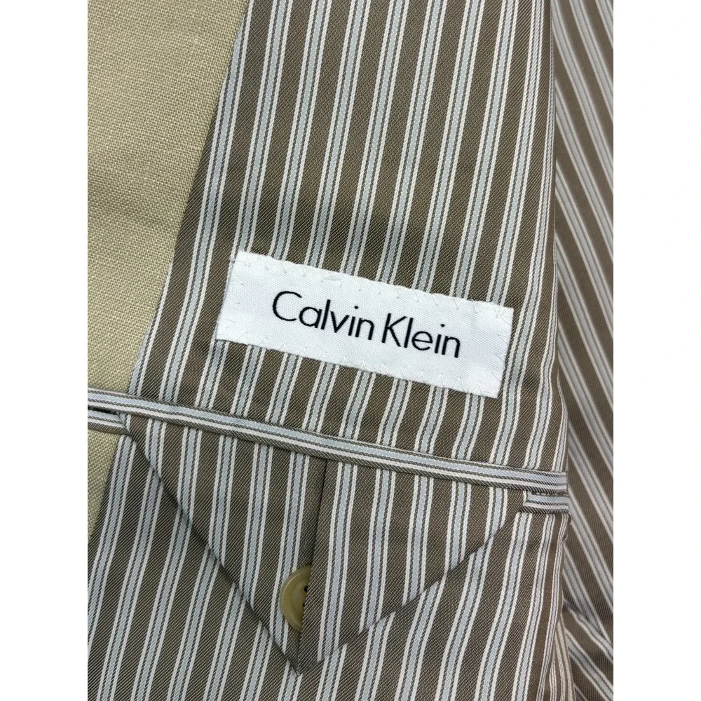 Calvin Klein 42L 34x36 Tan 2pc Pant Suit 100% Linen Lightweight Flat Front Mens